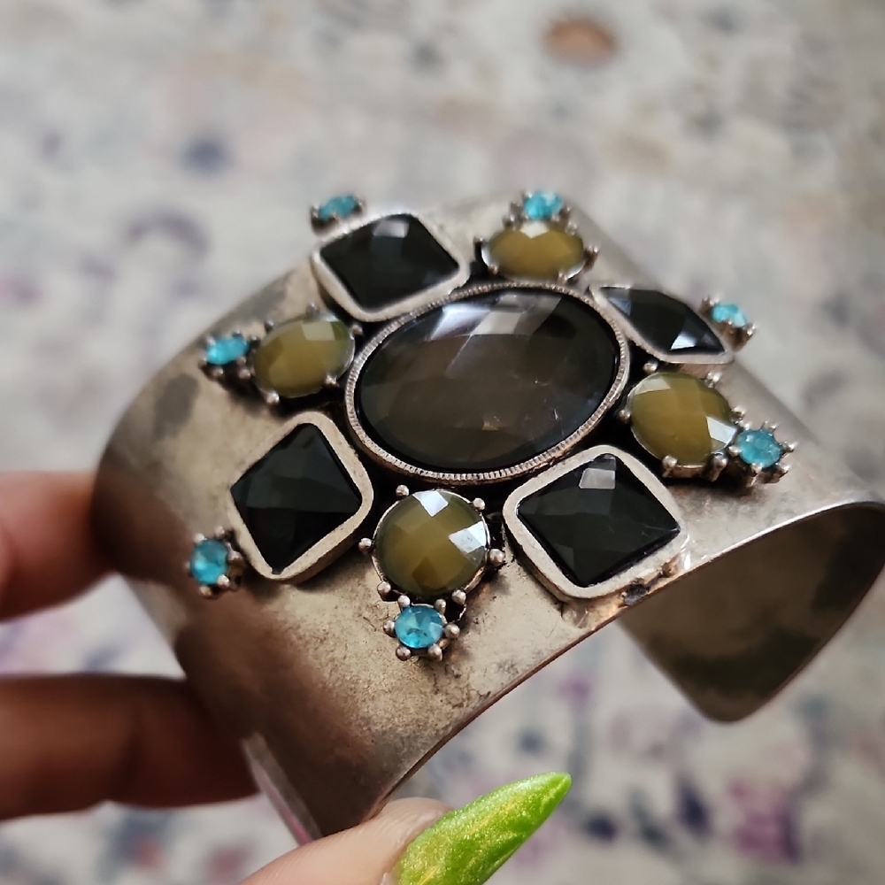 Artisan Silver Tone Multi Stone Cuff Bracelet Black Olive Turquoise - Picture 3 of 8